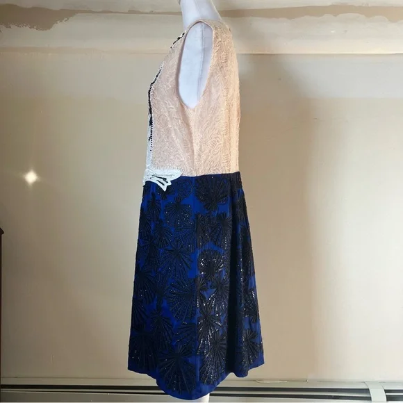 Emilio Pucci Blush Lace Beaded Bird Sleeveless Blue Scallop Shell Dress size 14 - Picture 8 of 15